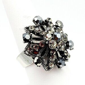 Rhinestone Burst Bypass Ring Adjustable One Size Silver Tone Smoky Stones EUC